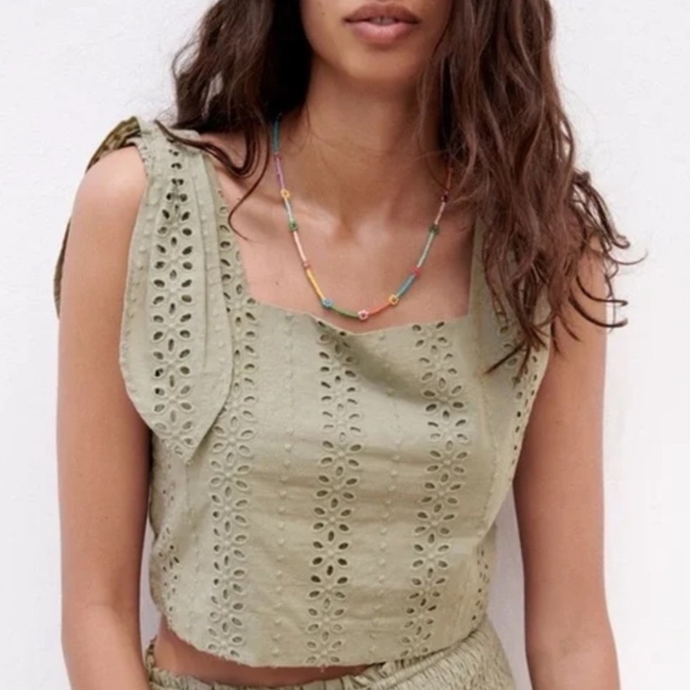 Zara | Sage Green‎ Eyelet Bow Shoulder Square-Neck Crop Top Women's Medium